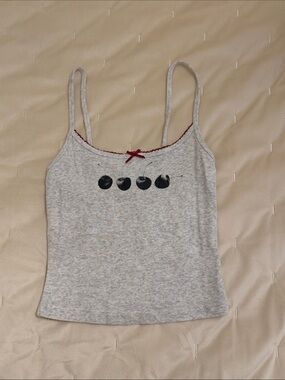 Garage Gray Camisole with Black Fruit Print and Red Trim